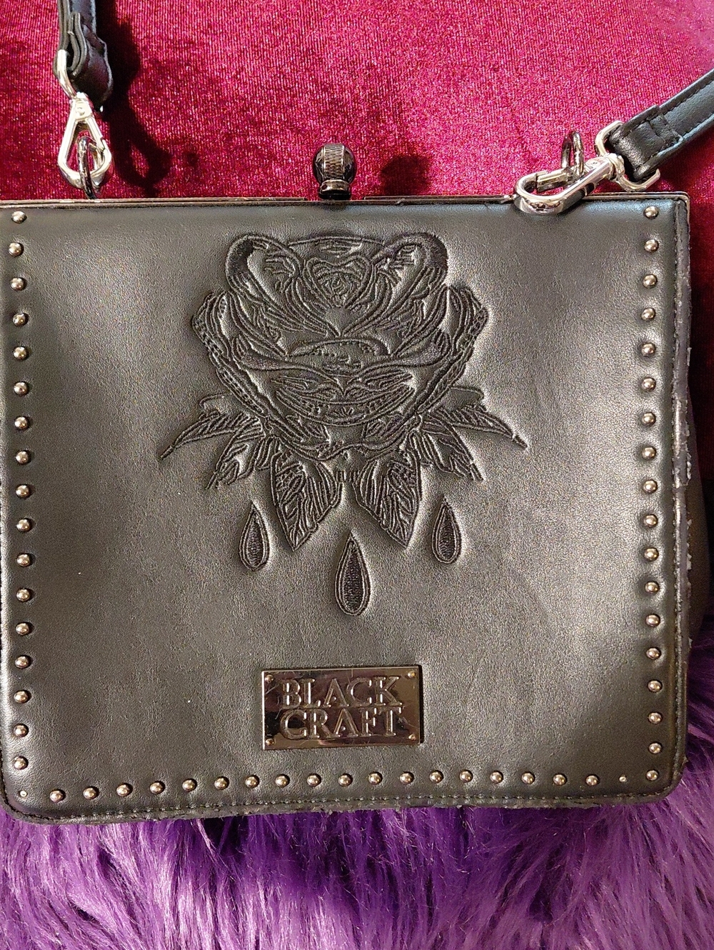 BLACKCRAFT CULT Black Embossed Rose Crossbody Bag KISS LOCK USED